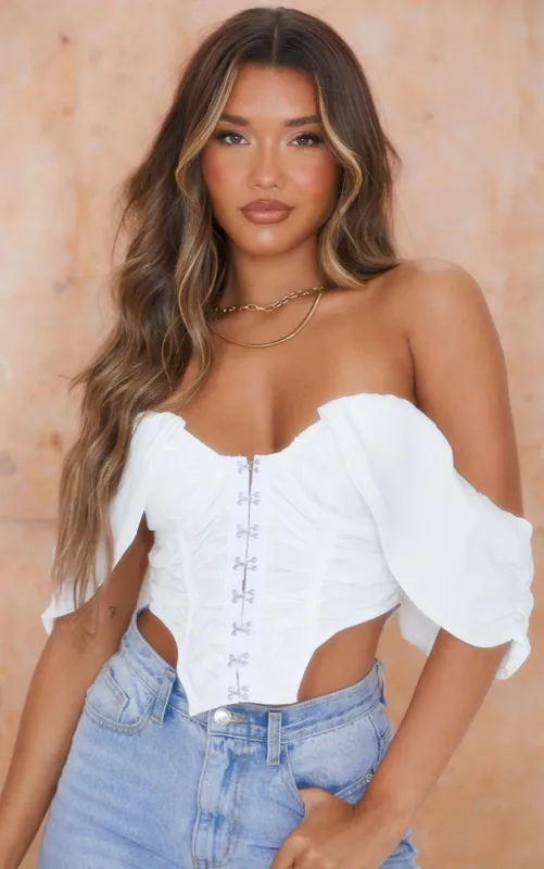 White Woven Hook And Eye Detail Dip Square Hem Drape Sleeve Corset sold by Pretty Little Thing