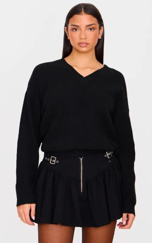 Black Soft Knit V Neck Oversized Jumper sold by Pretty Little Thing