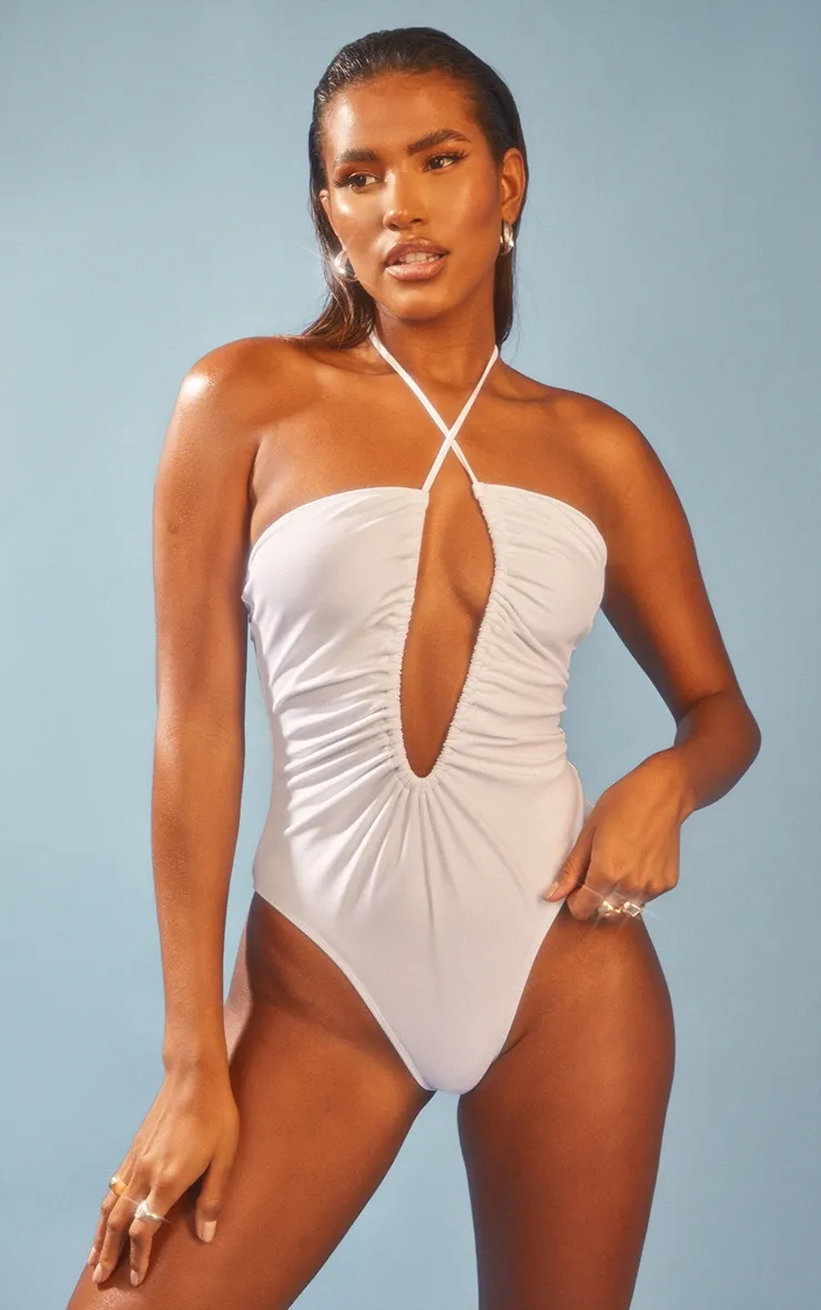 White Scoop Neck Ruched Swimsuit sold by Pretty Little Thing