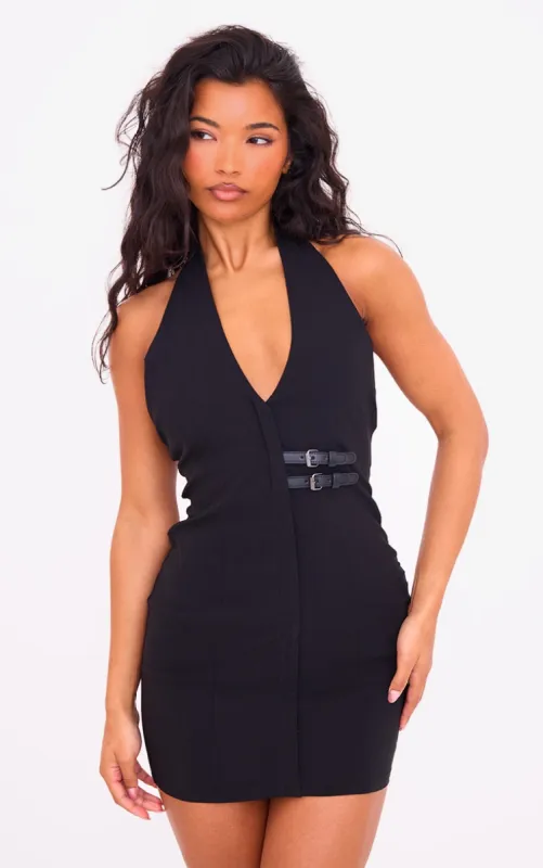Black Stretch Woven Belted Bodycon Dress sold by Pretty Little Thing