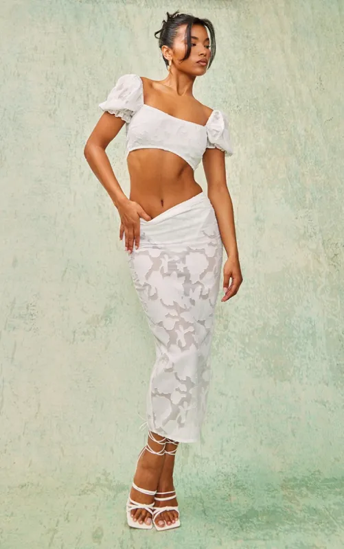 White Floral Applique High Waist Midi Skirt sold by Pretty Little Thing