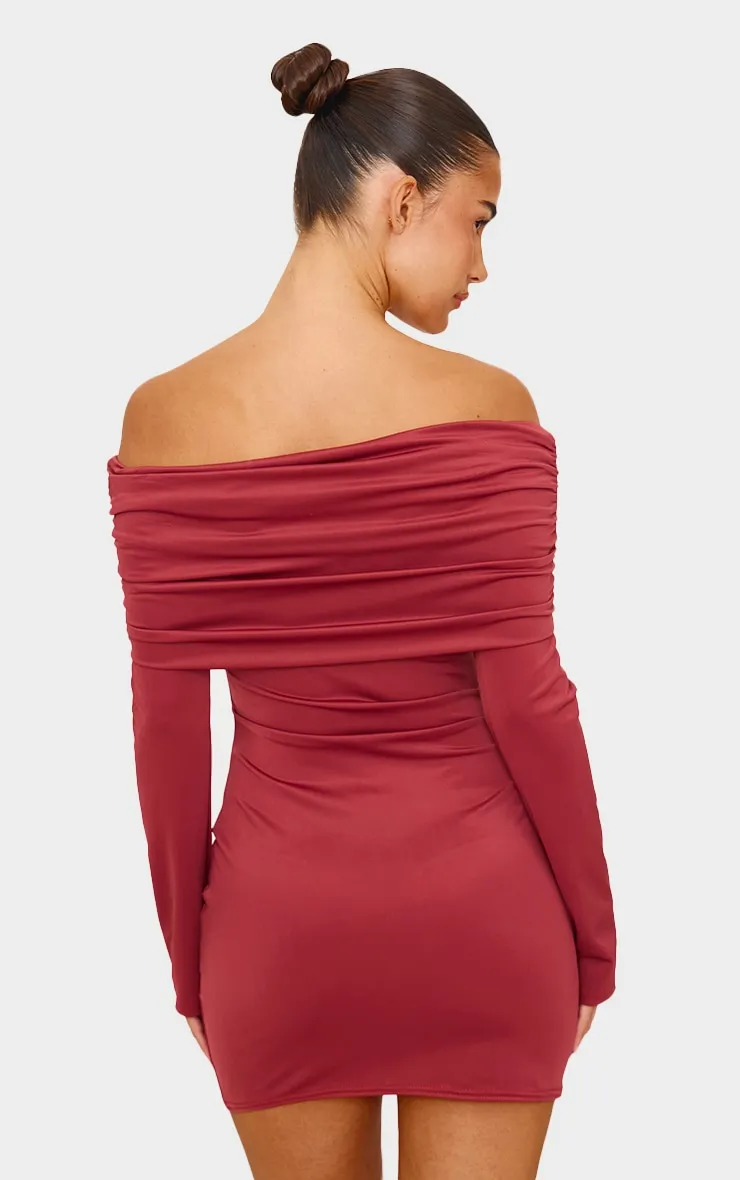 Burgundy Matte Sculpt Double Layer Foldover Bardot Long Sleeve Mini Dress sold by Pretty Little Thing product image thumbnail 2