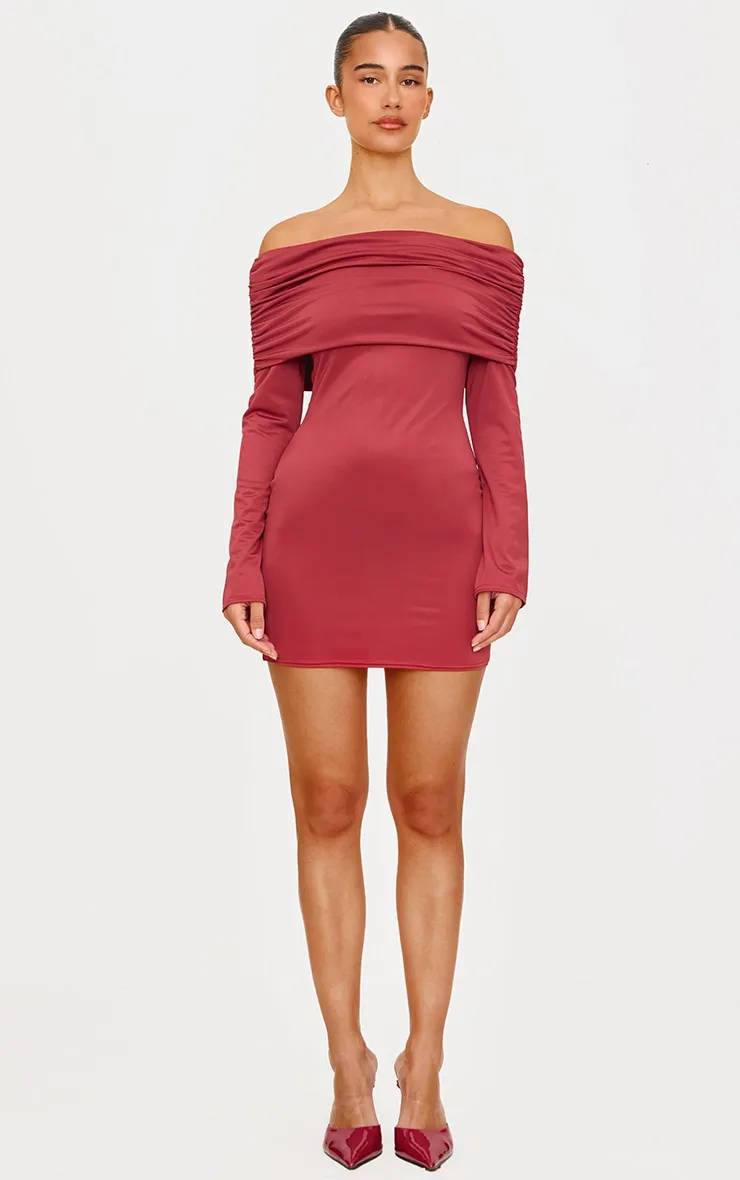 Burgundy Matte Sculpt Double Layer Foldover Bardot Long Sleeve Mini Dress sold by Pretty Little Thing product image thumbnail 3