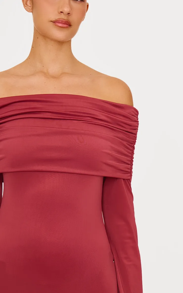 Burgundy Matte Sculpt Double Layer Foldover Bardot Long Sleeve Mini Dress sold by Pretty Little Thing product image thumbnail 4