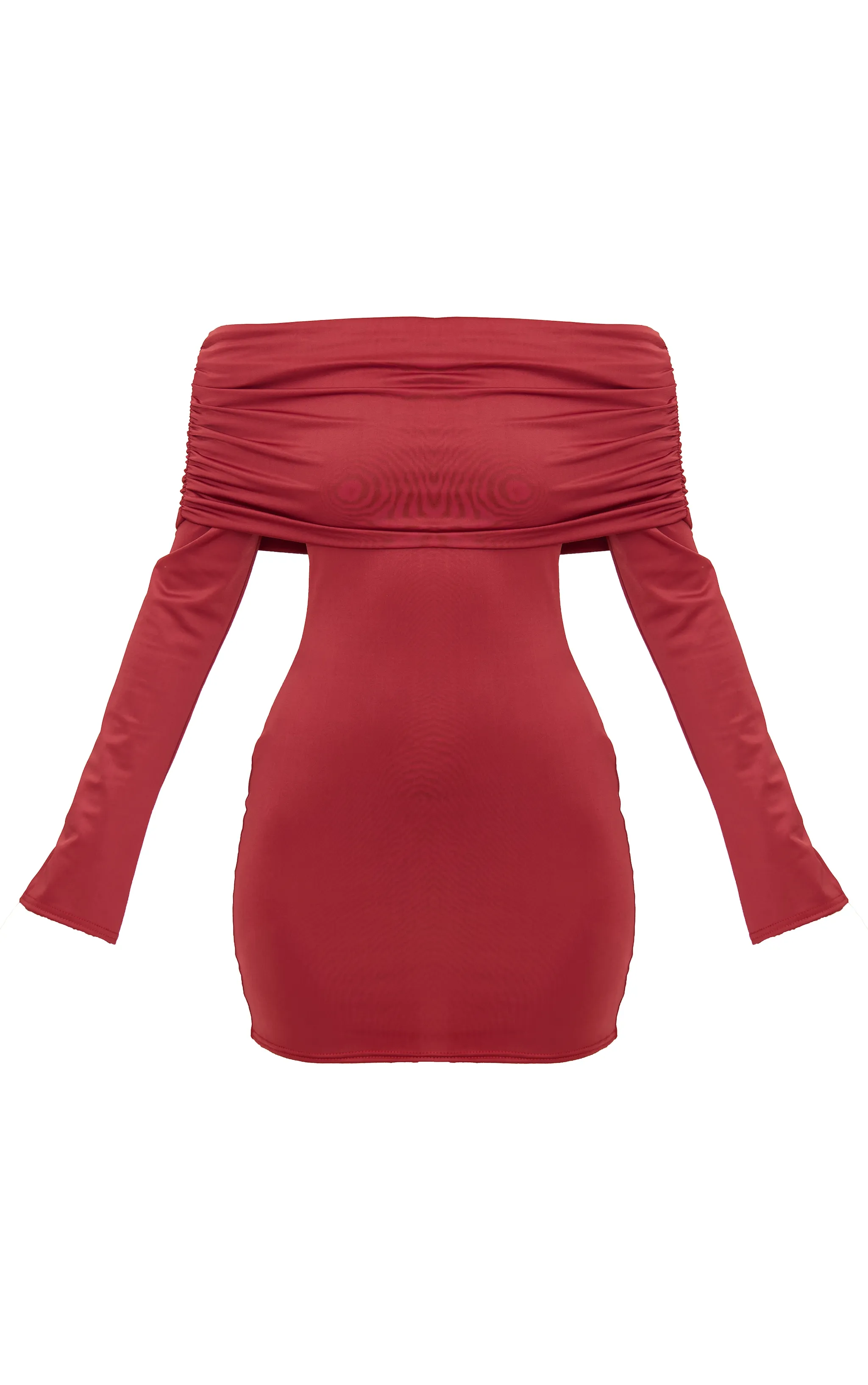 Burgundy Matte Sculpt Double Layer Foldover Bardot Long Sleeve Mini Dress sold by Pretty Little Thing product image thumbnail 5