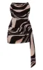 Black Swirl Print Draped Chiffon Bandeau Bodycon Dress sold by Pretty Little Thing