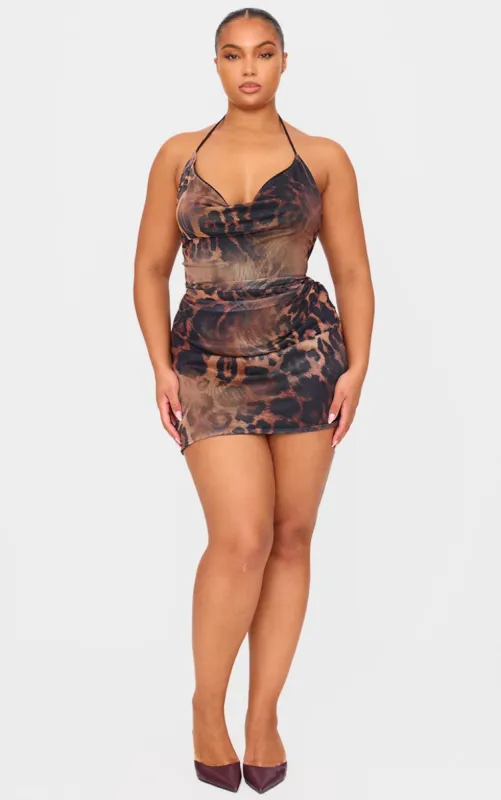 Plus Brown Printed Slinky Cowl Neck Mini Dress sold by Pretty Little Thing