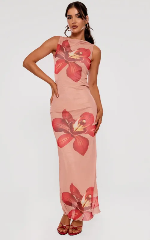 Nude Printed Mesh Floral Print Maxi Dress sold by Pretty Little Thing