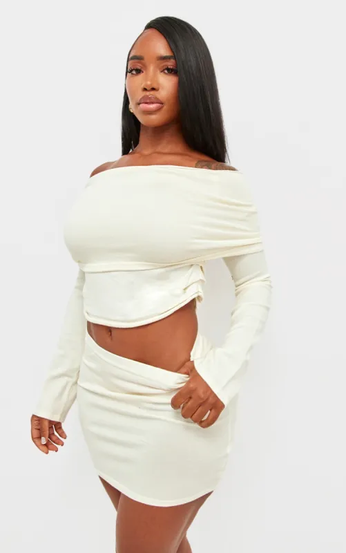 Shape Cream Soft Knit Extreme Foldover Long Sleeve Ruched Side Top sold by Pretty Little Thing