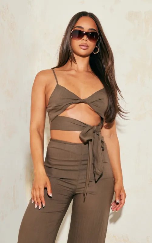 Khaki Linen Look Tie Detail Crop Top sold by Pretty Little Thing
