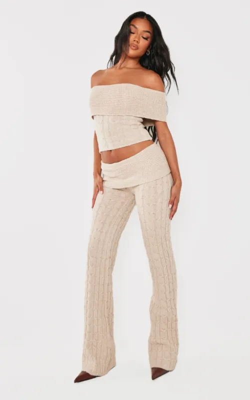 Oatmeal Marl Textured Knit Foldover Wide Leg Trousers sold by Pretty Little Thing