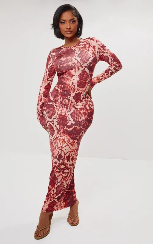 Shape Red Slinky Snake Print Long Sleeve Maxi Dress sold by Pretty Little Thing