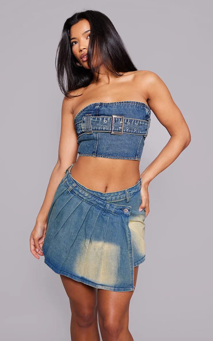 Indigo Vintage Wash Asymmetric Micro Mini Denim Tennis Skirt sold by Pretty Little Thing product image thumbnail 4