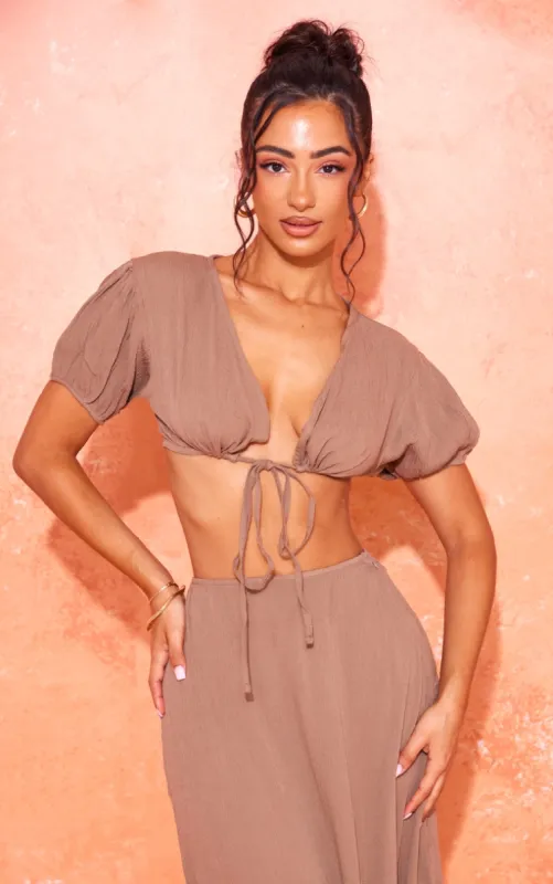 Petite Taupe Cheesecloth Tie Front Crop Top sold by Pretty Little Thing