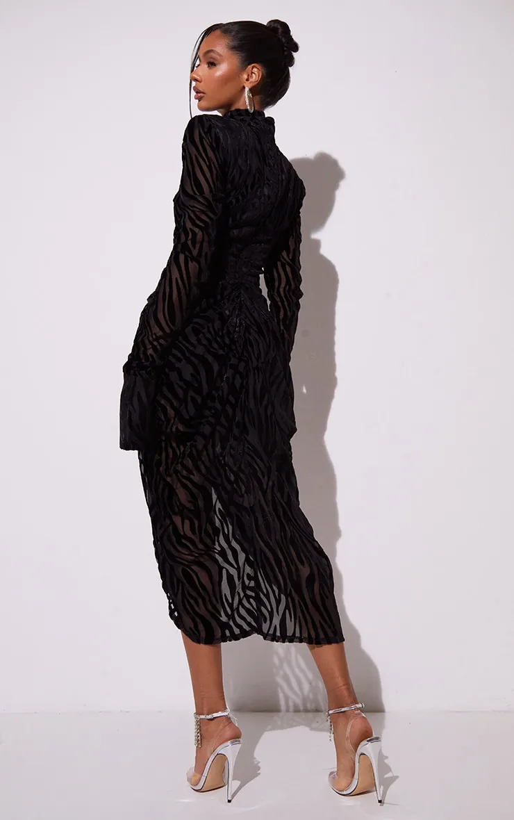 Black Zebra Print Devore High Neck Draped Midi Dress sold by Pretty Little Thing product image thumbnail 3