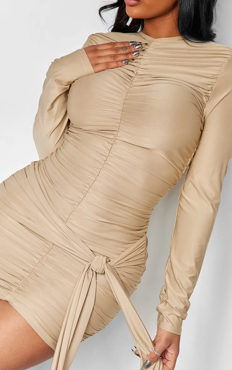Shape Taupe Slinky Ruched Detail Long Sleeve Bodycon Dress sold by Pretty Little Thing product image thumbnail 4