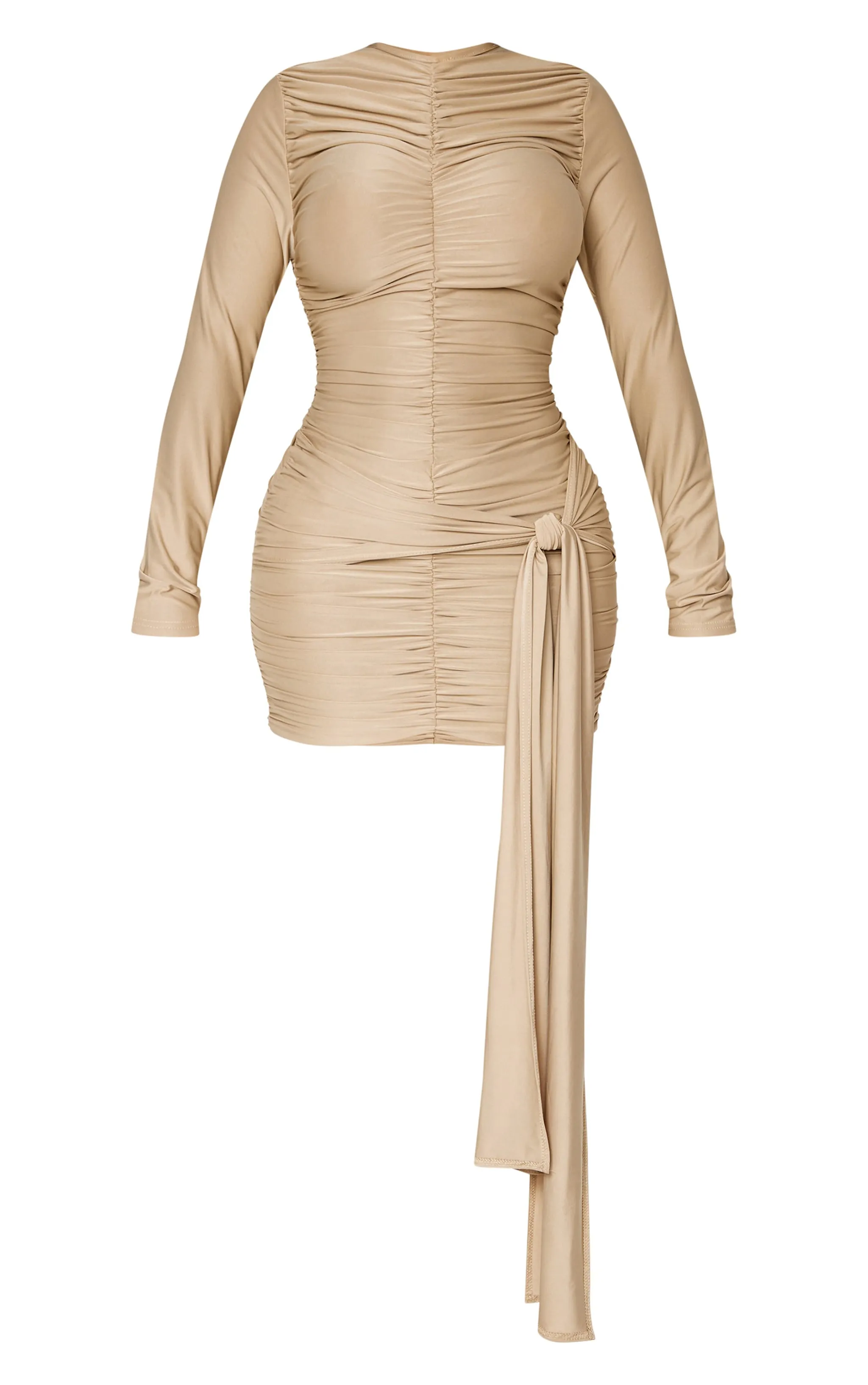 Shape Taupe Slinky Ruched Detail Long Sleeve Bodycon Dress sold by Pretty Little Thing product image thumbnail 5