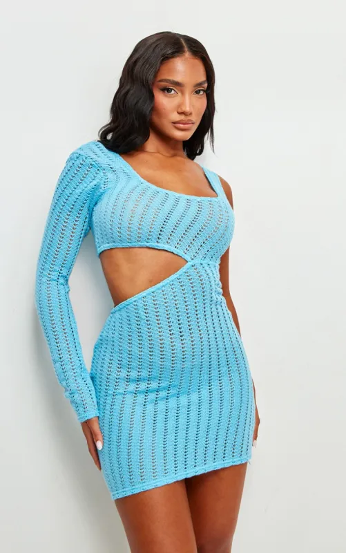 Bright Blue Textured Asymmetric Neckline Cut Out Bodycon Dress made by Pretty Little Thing
