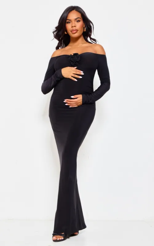Maternity Black Slinky Corsage Detail Off The Shoulder Maxi Dress made by Pretty Little Thing
