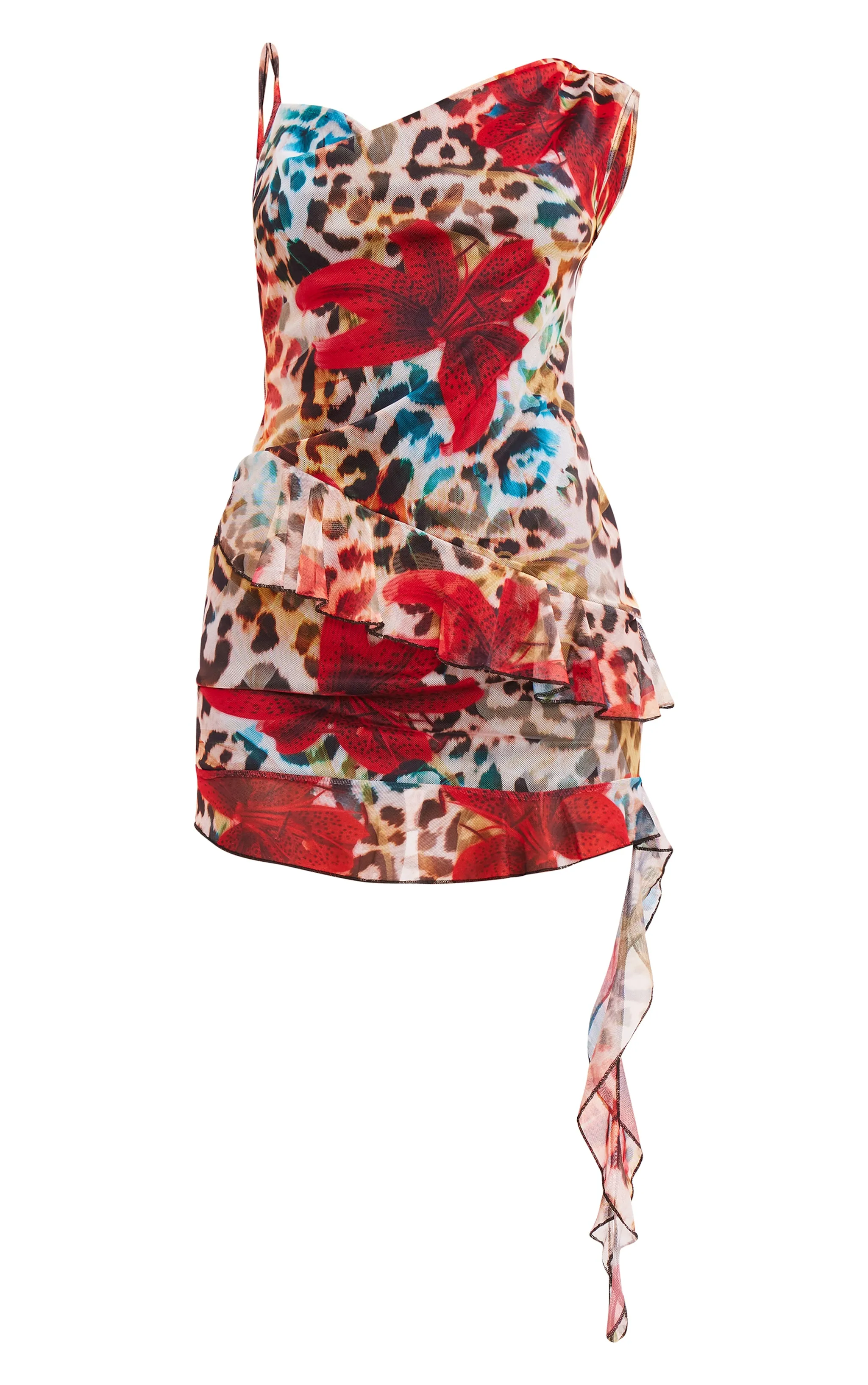 Multi Print Asymmetric Neck Frill Detail Bodycon Dress sold by Pretty Little Thing product image thumbnail 5