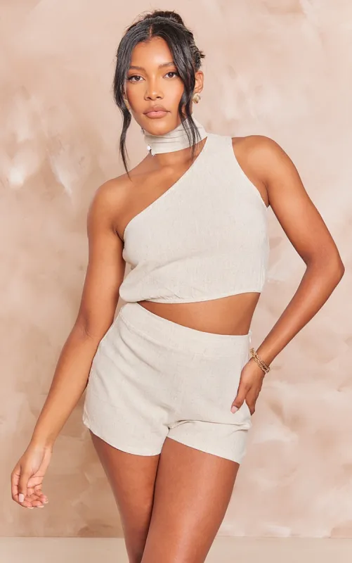 Stone Linen Look One Shoulder Chocker Detail Crop Top sold by Pretty Little Thing