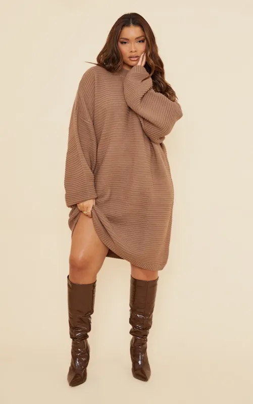  Plus Mocha Knitted High Neck Rib Jumper Dress sold by Pretty Little Thing