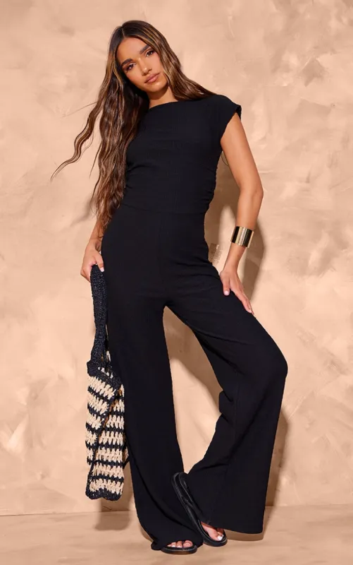 Black Textured Jersey Boat Neck Jumpsuit sold by Pretty Little Thing