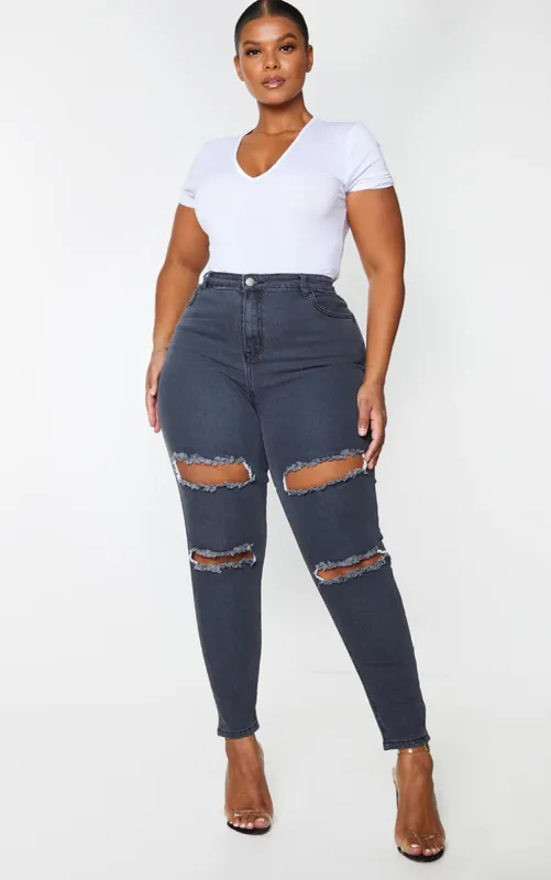 Plus PRETTYLITTLETHING Washed Black Double Rip High Waisted 5 Pocket Skinny Jeans sold by Pretty Little Thing