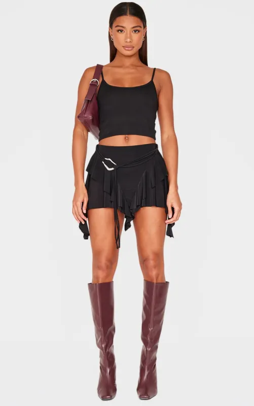 Black Belt Detail Slinky Jersey Ruffle Mini Skirt sold by Pretty Little Thing