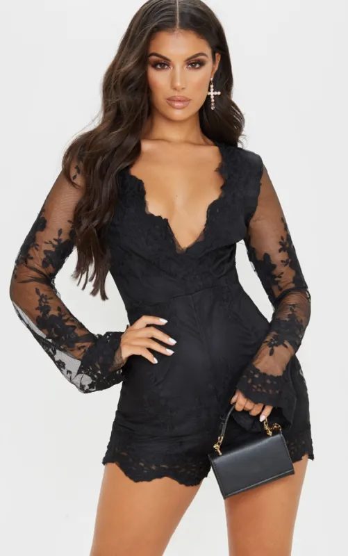 Black Lace Bell Sleeve Playsuit sold by Pretty Little Thing