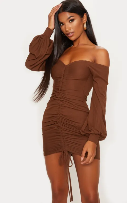Chocolate Brown Ribbed Bardot Balloon Sleeve Ruched Bodycon Dress sold by Pretty Little Thing