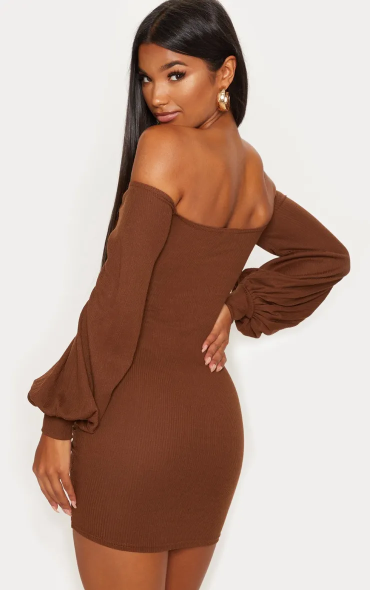 Chocolate Brown Ribbed Bardot Balloon Sleeve Ruched Bodycon Dress sold by Pretty Little Thing product image thumbnail 2