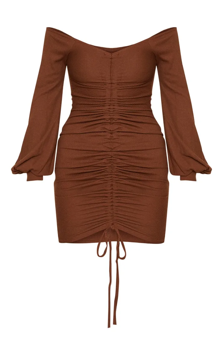Chocolate Brown Ribbed Bardot Balloon Sleeve Ruched Bodycon Dress sold by Pretty Little Thing product image thumbnail 3