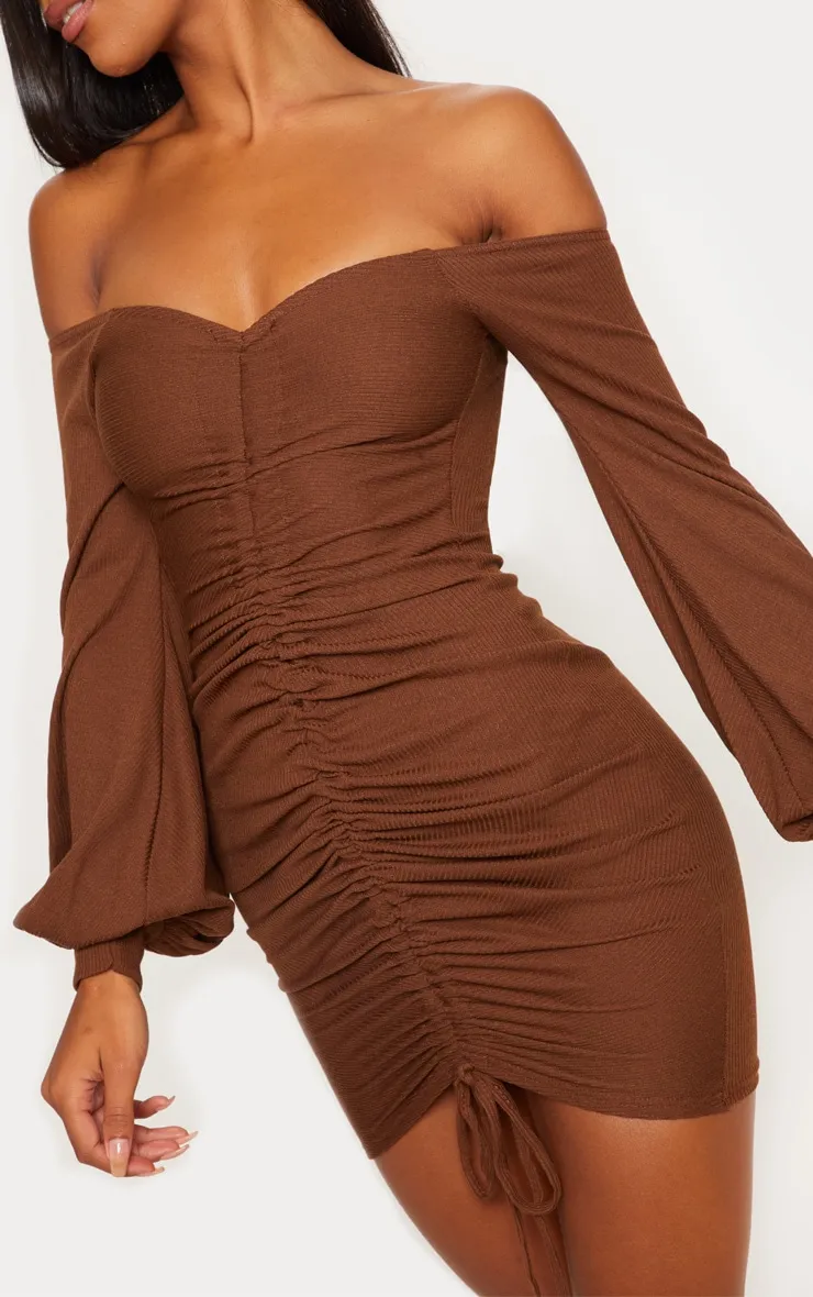 Chocolate Brown Ribbed Bardot Balloon Sleeve Ruched Bodycon Dress sold by Pretty Little Thing product image thumbnail 5