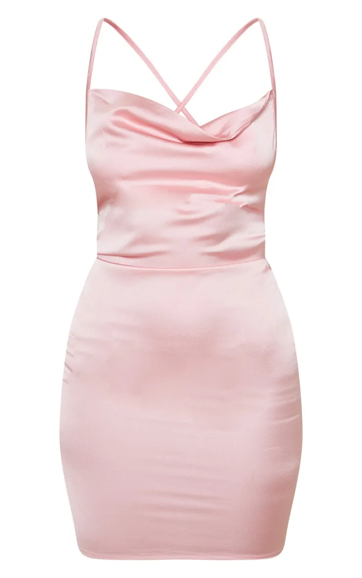 Pink Satin Cowl Lace Up Bodycon Dress sold by Pretty Little Thing product image thumbnail 3