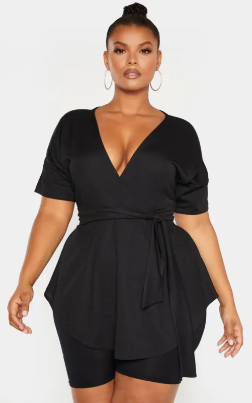 Plus Black Wrap Detail Short Sleeve Top sold by Pretty Little Thing