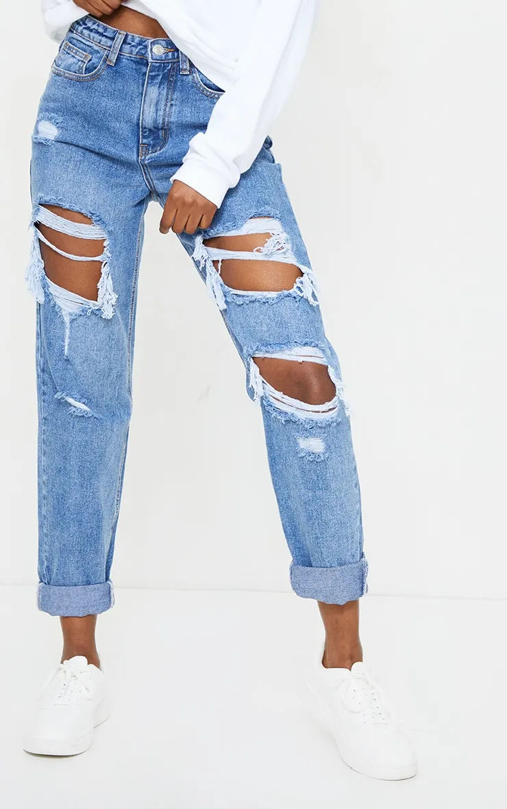 PRETTYLITTLETHING Tall Mid Blue Ripped Mid Rise Mom Jeans sold by Pretty Little Thing product image thumbnail 2