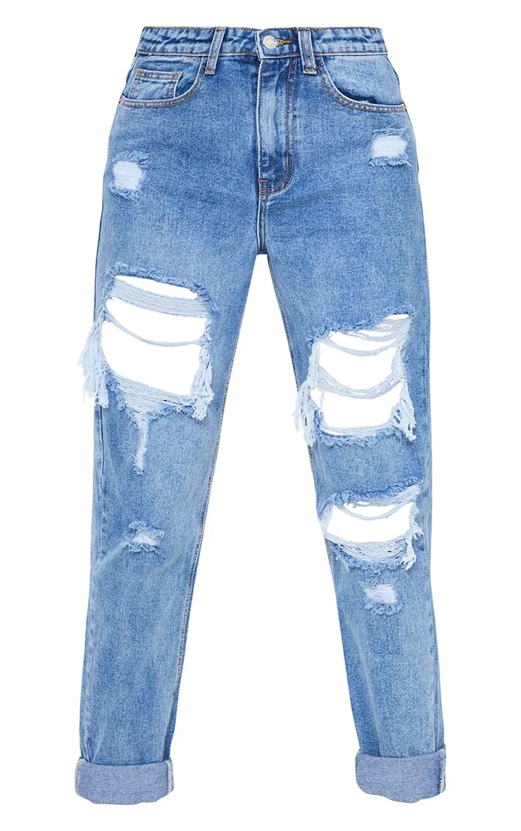 PRETTYLITTLETHING Tall Mid Blue Ripped Mid Rise Mom Jeans sold by Pretty Little Thing product image thumbnail 5