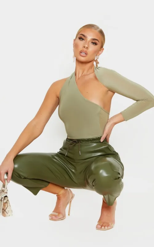 Sage One Shoulder Asymmetric Bodysuit sold by Pretty Little Thing