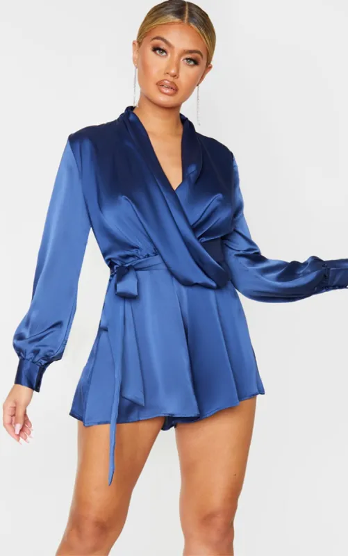 Navy Satin Drape Detail Long Sleeve Playsuit sold by Pretty Little Thing