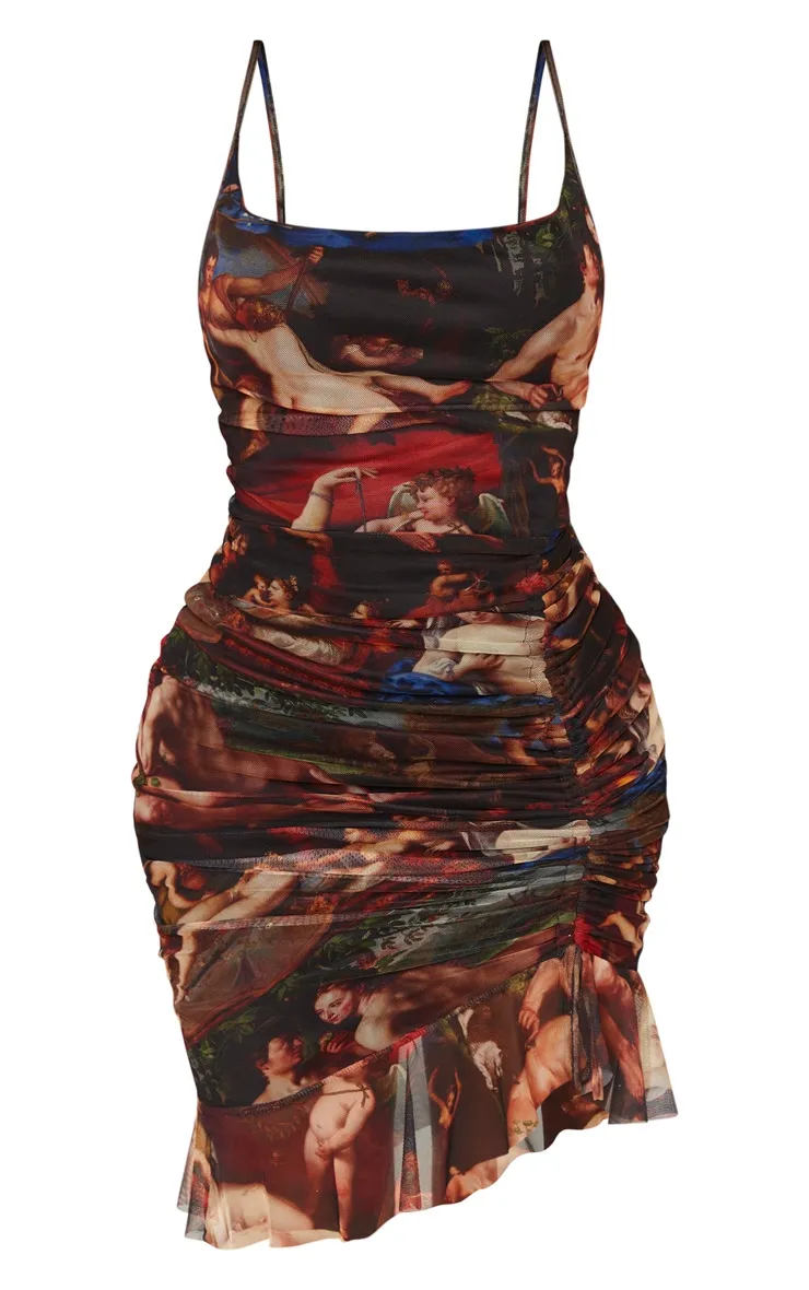 Shape Multi Renaissance Print Mesh Cowl Ruched Midi Dress sold by Pretty Little Thing product image thumbnail 3