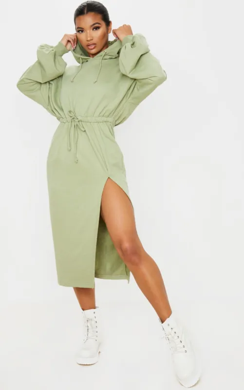 Sage Green Sweat Hoodie Split Midi Dress sold by Pretty Little Thing