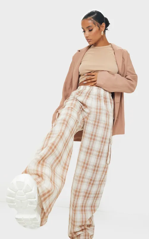 Stone Check Wide Leg Cargo Trousers sold by Pretty Little Thing