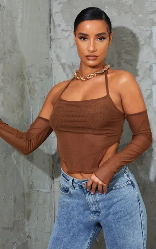 Chocolate Mesh Halterneck Square Hem Long Sleeve Crop Top sold by Pretty Little Thing