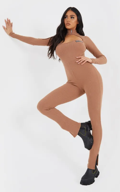 PRETTYLITTLETHING Camel Zip Collar Brushed Rib Jumpsuit sold by Pretty Little Thing