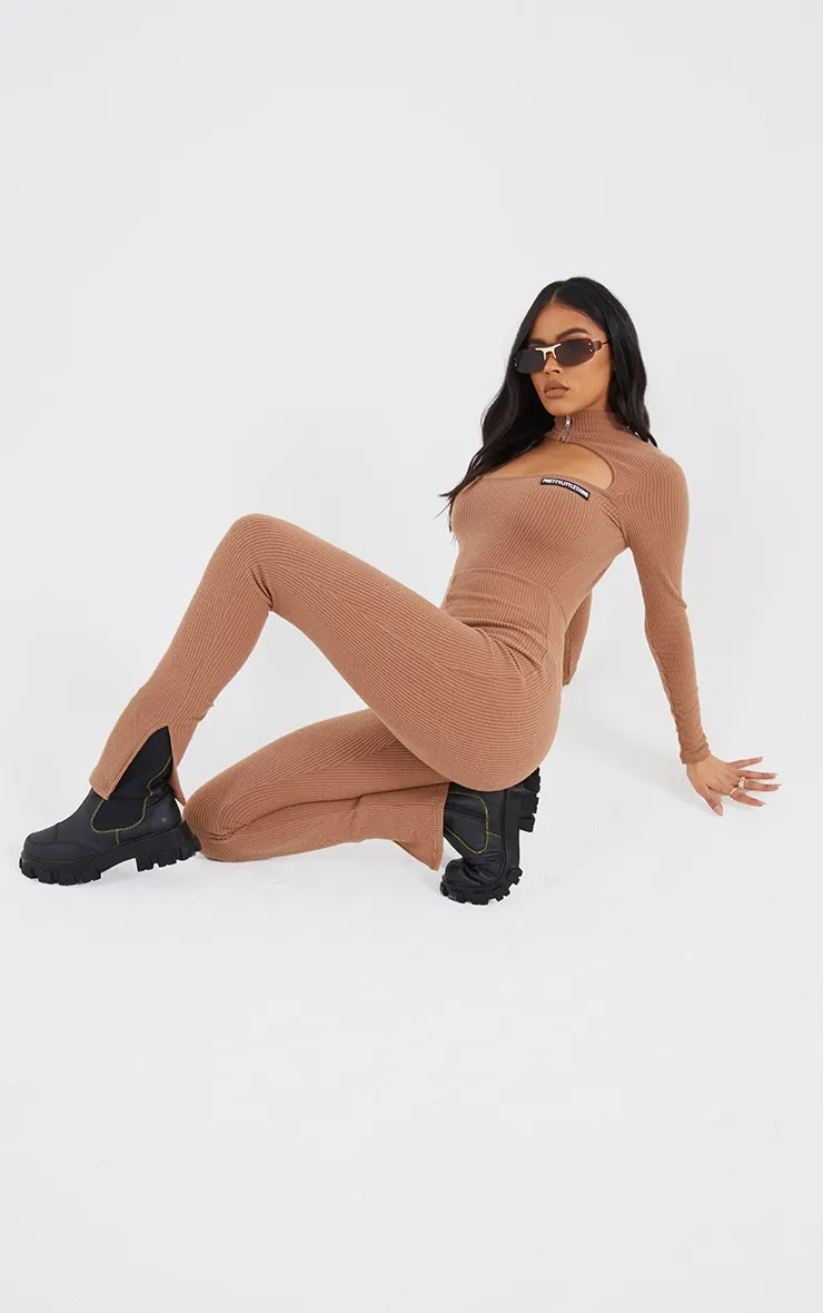 PRETTYLITTLETHING Camel Zip Collar Brushed Rib Jumpsuit sold by Pretty Little Thing product image thumbnail 3