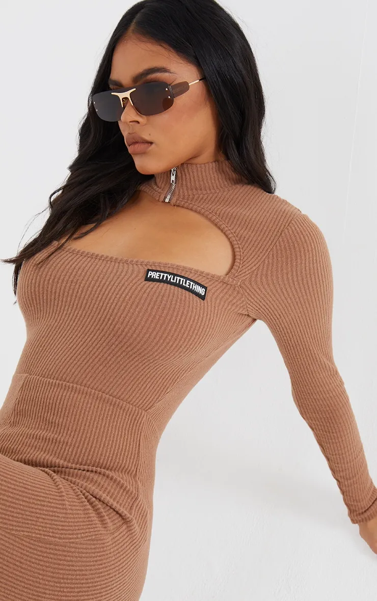 PRETTYLITTLETHING Camel Zip Collar Brushed Rib Jumpsuit sold by Pretty Little Thing product image thumbnail 4