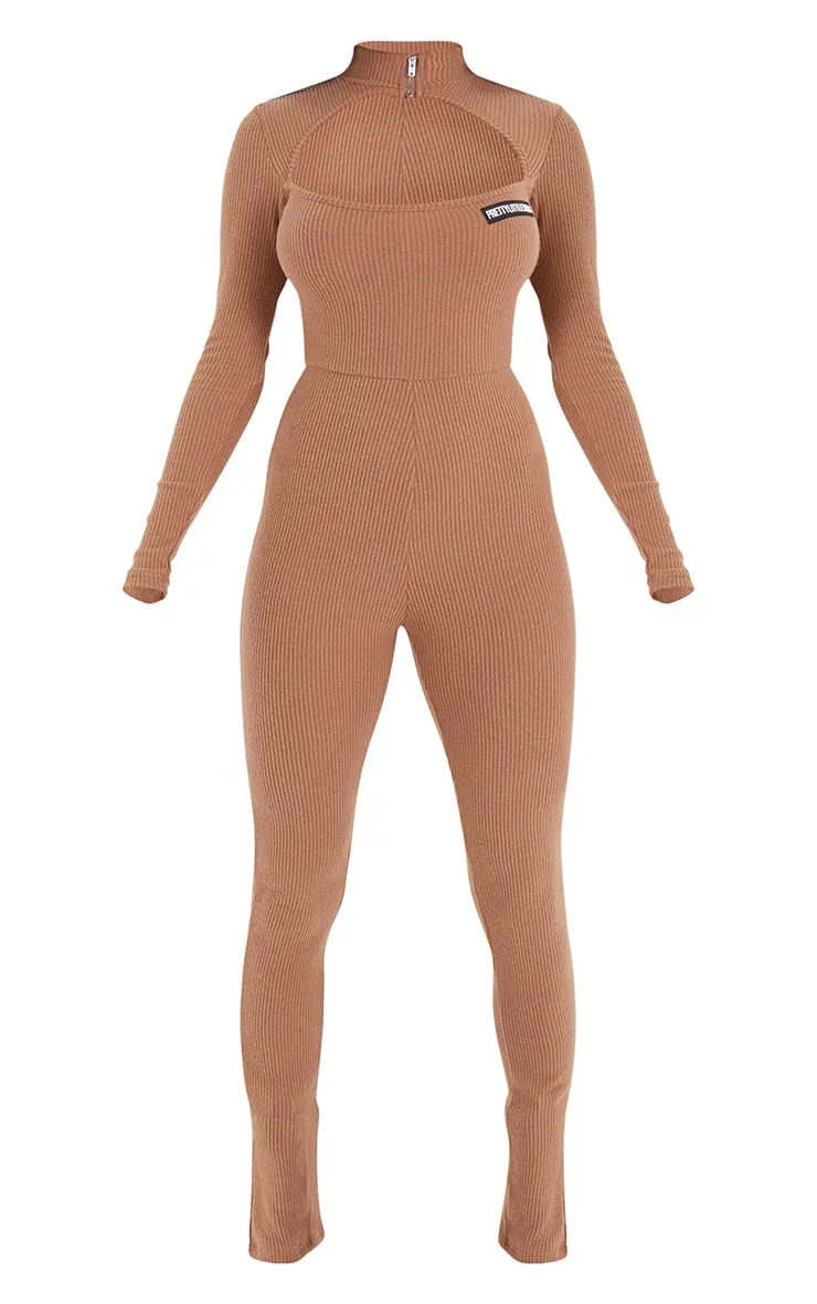 PRETTYLITTLETHING Camel Zip Collar Brushed Rib Jumpsuit sold by Pretty Little Thing product image thumbnail 5