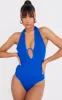 Cobalt Bandage Rib V-Wire Halterneck Bodysuit sold by Pretty Little Thing