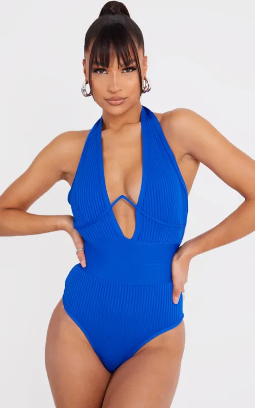 Cobalt Bandage Rib V-Wire Halterneck Bodysuit sold by Pretty Little Thing